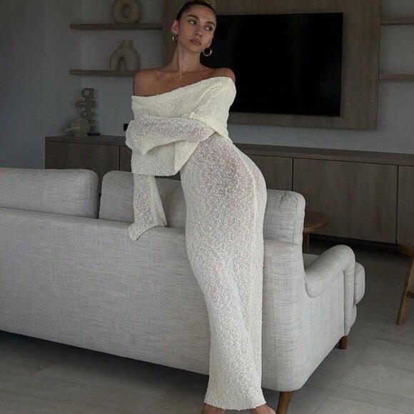 Sexy Women's Beach Vacation Style Plain Semi-Sheer off shoulder maxi Dress - Picture 8 of 10